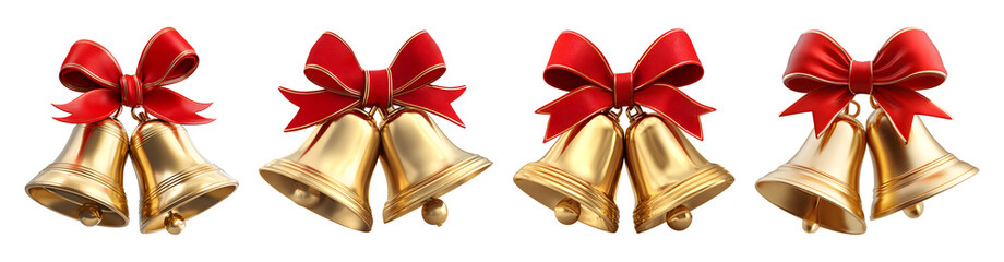 Golden Christmas bells with red ribbon bow isolated transparent background.