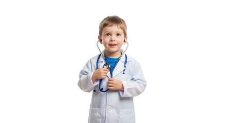 A young boy dressed as a doctor, gazing upward with a hopeful expression and a stethoscope around his neck.
