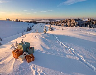 Gifts sit on snow at sunrise with footprints in a winter landscape