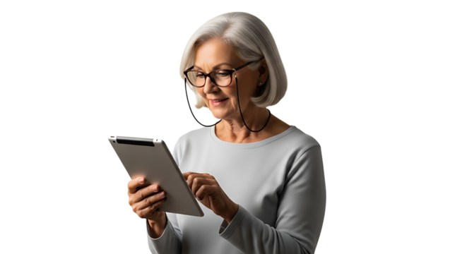 Silver haired woman with glasses, gently smiles as she interacts with a tablet against a solid black background.