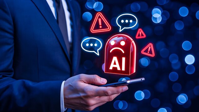 Businessman holding smartphone with ai warning icons representing artificial intelligence risk and security

