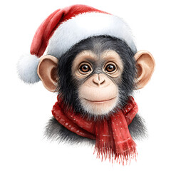 Watercolor monkey wearing Santa hat and scarf festive Christmas isolated transparent background.