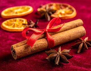 Cinnamon sticks tied with red ribbon on red velvet background.