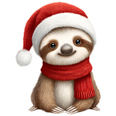 Watercolor sloth wearing Santa hat and red scarf cute Christmas holiday isolated transparent background.