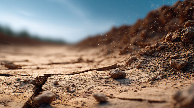 Cracked dry soil surface with scattered rocks under clear blue sky, symbolizing drought and environmental stress