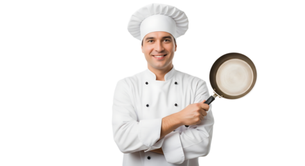 A smiling chef in whites and a toque holds a frying pan, ready to cook up something delicious with confidence.