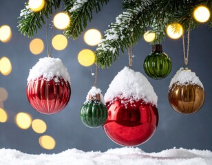 Christmas baubles hang covered in snow with bokeh lights behind.