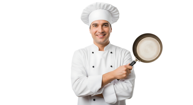 A smiling chef in whites and a toque holds a frying pan, ready to cook up something delicious with confidence.