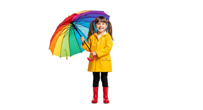 A cheerful young girl in a yellow raincoat and red boots, happily holding a vibrant, colorful rainbow umbrella.
