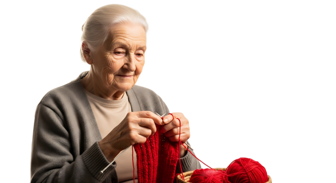 An elderly woman's warm smile as she knits bright red yarn, a timeless image of comfort, skill, and heartfelt creation.