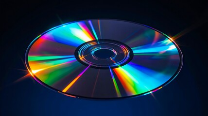 Shiny cd disc with rainbow light reflection on dark background 
