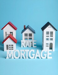 Miniature houses with "Mortgage Rate" block letters on a blue background