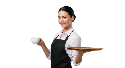 Smiling waitress in uniform holding a cup of coffee and a tray against a solid backdrop, ready to serve customers.