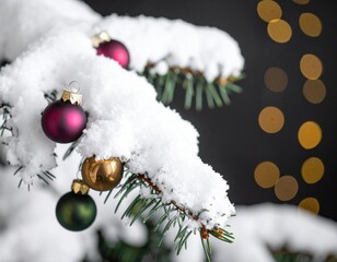 Festive snow-covered branch with ornaments against bokeh lights