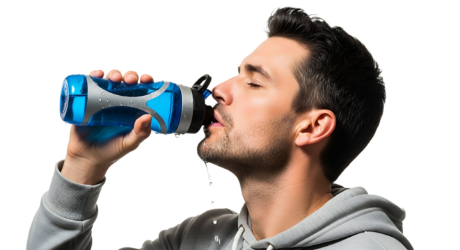 Refreshing break: Athletic man stays hydrated with a sip from a blue water bottle after workout, vital for health. - Powered by Adobe