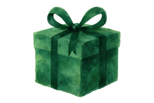 Green watercolor gift box with ribbon bow, representing holidays, celebrations, and festive greetings on transparent background - Powered by Adobe