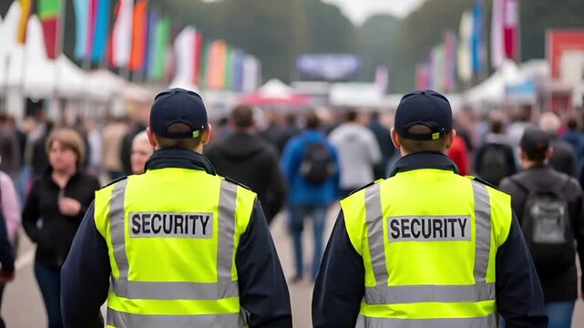 Security guards patrol crowded outdoor event, ensuring safety