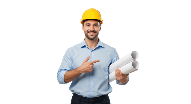 Smiling male engineer in hard hat holding blueprints pointing to his left. He is wearing a blue shirt with dress pants. - Powered by Adobe
