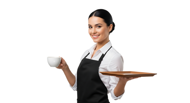 Smiling waitress in uniform holding a cup of coffee and a tray against a solid backdrop, ready to serve customers. - Powered by Adobe