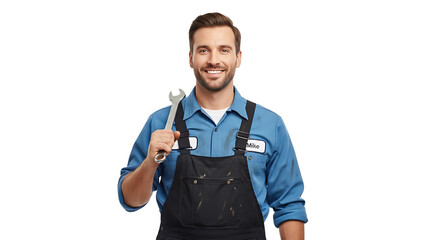 Friendly mechanic named Mike in overalls holds a wrench and smiles, ready to provide service for all repairs