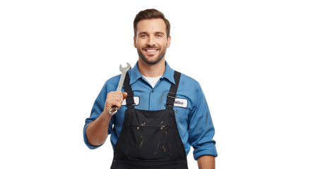 Friendly mechanic named Mike in overalls holds a wrench and smiles, ready to provide service for all repairs