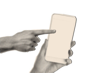 Hand pointing something to smartphone in hand with halftone texture