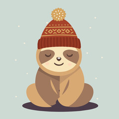Niedliche Vektorillustration eines Faultiers mit Winterm&uuml;tze im Schnee. Ruhiges, warmes Motiv mit freundlichem Ausdruck und winterlicher Atmosph&auml;re &ndash; perfekt f&uuml;r Weihnachts- und Winterdesigns.
