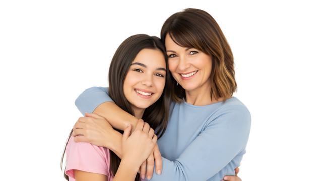 A tender, loving moment captured: a mother and daughter embrace, their smiles reflecting a beautiful bond of family affection. - Powered by Adobe