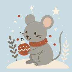 Niedliche Vektorillustration einer Maus mit Weihnachtskugel im Schnee. Winterliches, warmes Motiv mit festlicher Stimmung und sanften Farben &ndash; perfekt f&uuml;r Weihnachten und Winterdesigns.