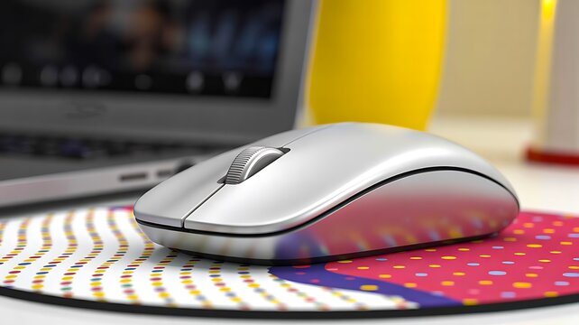 Silver wireless computer mouse on colorful mat near laptop 
 - Powered by Adobe