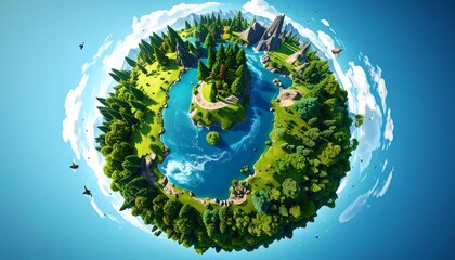 Miniature planet, vibrant nature scene, lush green forests, rivers, mountains