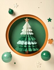 Paper Christmas tree inside a circle, surrounded by ornaments and
