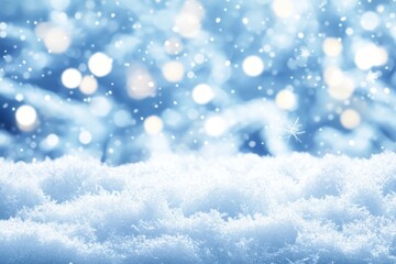 Fototapeta premium Winter Wonderland: A serene winter scene with softly falling snowflakes and shimmering bokeh lights dancing against a blurred backdrop, embodying the tranquility of a frosty atmosphere.