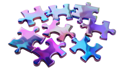 Set of holographic iridescent jigsaw puzzle pieces in purple and blue 3D rendered isolated on a white background