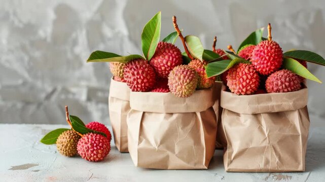 Fresh lychees arranged in brown paper bags on a light surface with green leaves and soft natural lighting