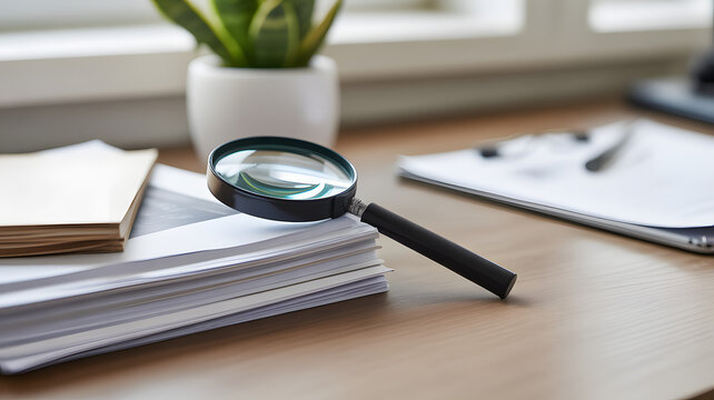 Magnifying Reality: A close-up showcases a magnifying glass perched atop a stack of documents, symbolizing research, analysis, and clarity in the workplace.