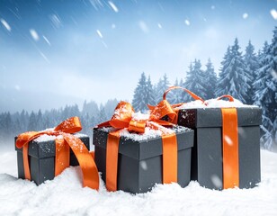 Three gifts in snow under snowfall, with orange ribbons, outdoor