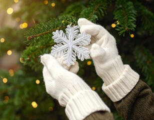 Person decorates Christmas tree with snowflake, warm bokeh lights.