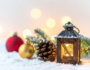 A Christmas lantern shines with warm light in a festive arrangement