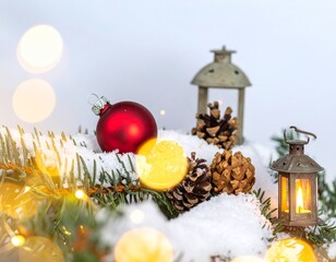 Close-up of Christmas ornaments with warm bokeh lights on snow.