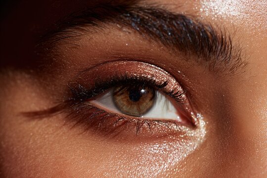 Extreme close-up of brown eye with bronze shimmer eyeshadow glitter makeup and defined eyebrow
