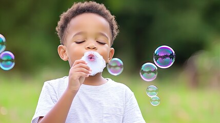 Joyful African American boy blowing soap bubbles in a sunlit park surrounded by vibrant nature