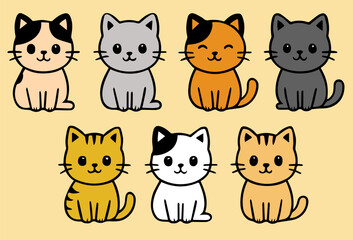Obraz premium Colorful Cartoon Cat Character Collection Eight Adorable Kawaii Kittens in Different Colors and Fur Patterns Vector Graphics for Kids and Pet Designs