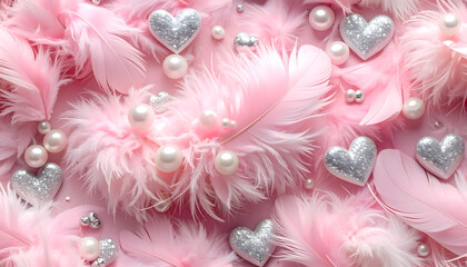 pink feathers and heart happy valentine day background