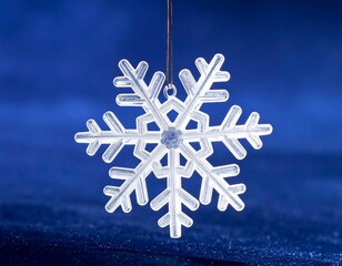 A single snowflake ornament hangs against a dark blue background.