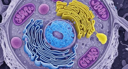 A colored electron micrograph of a cell with organelles and a nucleus.