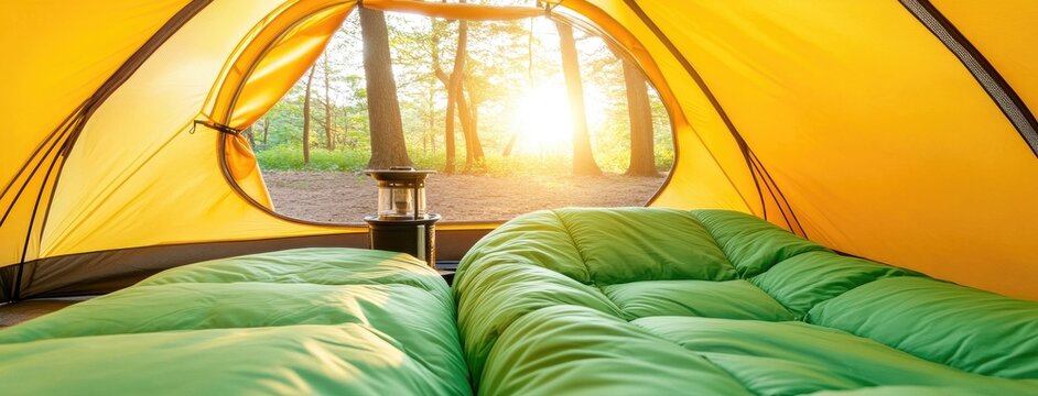 Cozy yellow tent setup with green sleeping bags and a camping stove near a sunlit forest during an outdoor adventure