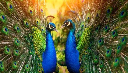 Two peacocks facing each other, vibrant plumage