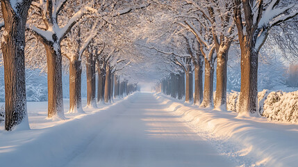 Snow covered pathway lined with trees creating a winter wonderland scene with soft light