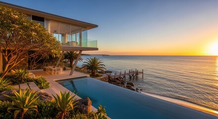 A modern, glass-fronted house with an infinity pool overlooking the ocean at sunset.